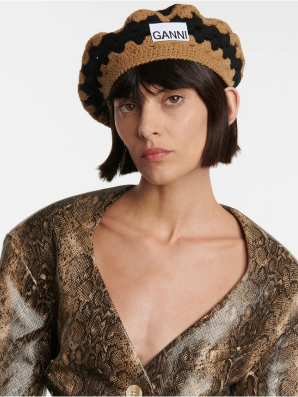 Ganni Crochet Beret in Black and Brown Two-Tone